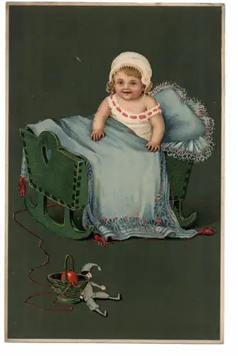 KINDER - Kleinkind sitzend  in der Wiege, Kasperlepuppe, Baby sitting in bed, Meissner & Buch, 1912