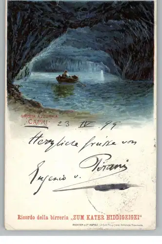 I 80073 CAPRI, Lithographie Grotta Azzura, 1899, Werbung für Birerria "Zum Kater Hiddigeigei"