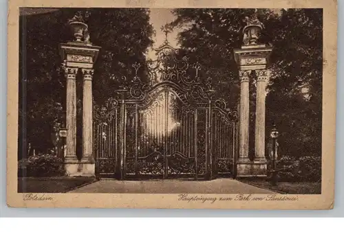 0-1500 POTSDAM, Haupteingang zum Park Sanssouci, rücks. Werbung für VEWE Produkte