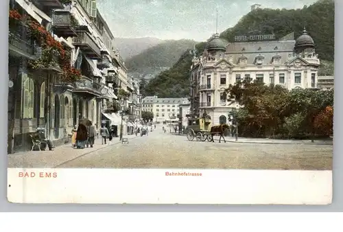 5427 BAD EMS, Bahnhofstrasse, Postkutsche, Hotel Guttenberg, ca. 1900