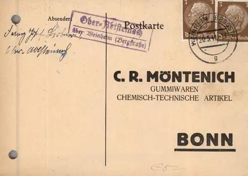 6940 WEINHEIM, Postgeschichte, Landpoststempel "Ober-Abtsteinach über Weinheim", 1941, gelochter Beleg