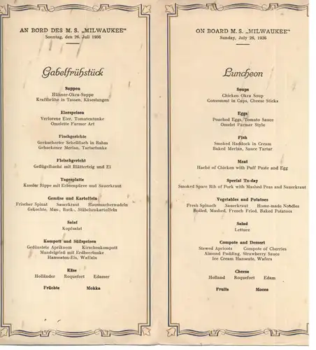 OZEANSCHIFFE - M.S. MILWAUKEE, Hapag, Menukarte 26.6.1936