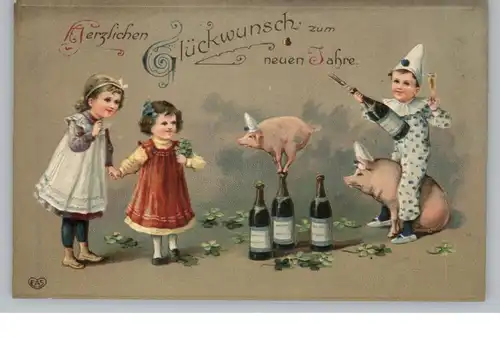 NEUJAHR - Champagner / Schweine / feiernde Kinder, Präge-Karte / embossed / relief, 1913