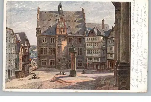 3530 MARBURG, Marktplatz mit Rathaus, Künstler-karte  Lindegreen, Bahnpost Cöln - Hannover, 1929
