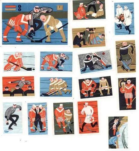 SPORT - EISHOCKEY, 17 russische Zündholzettiketten in Comic art