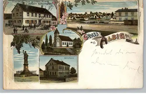 6508 ALZEY - ALBIG, Lithographie, Gasthof zum grünen Kranz, Kirche, Schulhaus, Denkmal, Bahnhof, Eckkncik