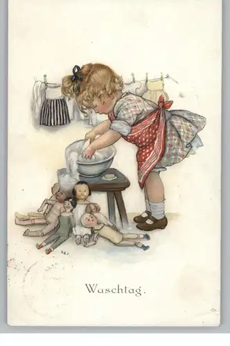 KINDER - Mädchen wäscht die Puppenkleider, Künstler - Karte Susan Beatrice Pearse, Verlag M.M.