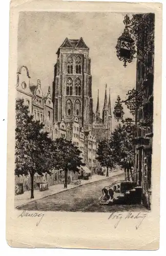 DANZIG - Jopengasse und Marienkirche, Original Radierung, keine AK-Einteilung rücks.