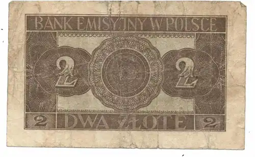 BANKNOTE - POLAND, Pick 100, 2 Zloty / Dwa Zlote, 1941 Krakow, used