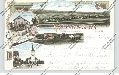 NIEDER-SCHLESIEN - HERMANNSDORF / MECINKA (Jauer), Lithographie, Eckert's Gasthof, Kirche, Buchhäuser