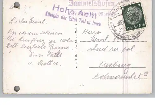 5488 ADENAU, Hohe Acht, Luftaufnahme, Landpoststempel Immelshofen über Altenahr, 193...gelochter Beleg
