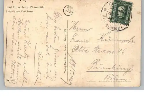 BÖHMEN & MÄHREN - THAMMÜHL am See / STARE SPLAVY, Ausflugsschiff, 1929, eine Seite beschnitten