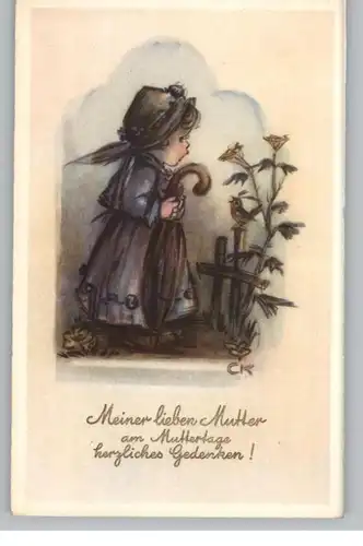 KINDER - Künstler - Karte, Muttertag, Mädchen mit Blumen und Schirm