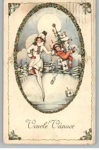 WEIHNACHTEN / CHRISTMAS, Vesele Vanoce, Künstler-Karte Ljuby Ernapovy, Schlittschuhlaufen...1925