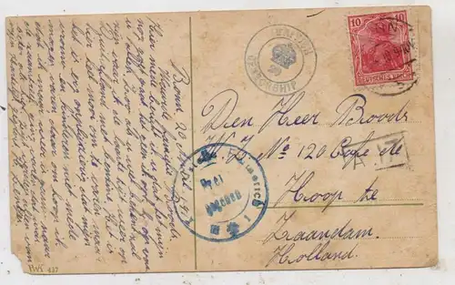 5300 BONN, Postgeschichte, AK in die Niederlande April 1919, englische und Deutsche Zensur