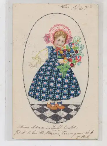 KÜNSTLER - ARTIST - AUGUST PATEK / Jugendstil, Mädchen mit Blumen, 1913, kl. Druckstelle
