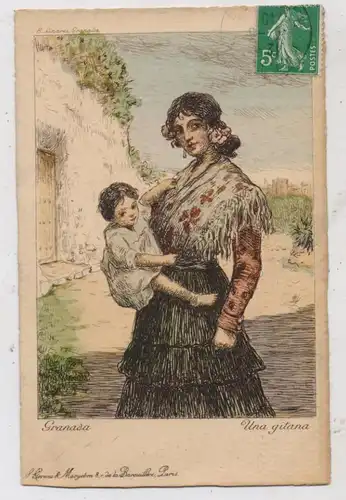 VÖLKERKUNDE / Ethnic - Spanische Zigeunerin mit Kind / Gidana / Gitan / Gypsy, Künstler-Karte