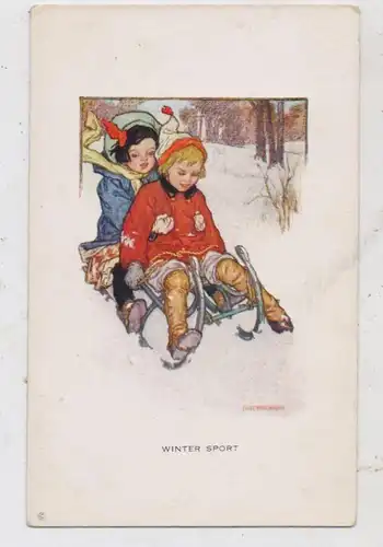 KINDER - Schlittenfahrt, Künstler-Karte Young America, Cute Children, Serie 950