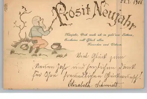 ZWERGE / Gnome / DWARFS / Nani, Malender Zwerg, Prosit Neujhar, Präge-Karte / embossed / relief, 1900
