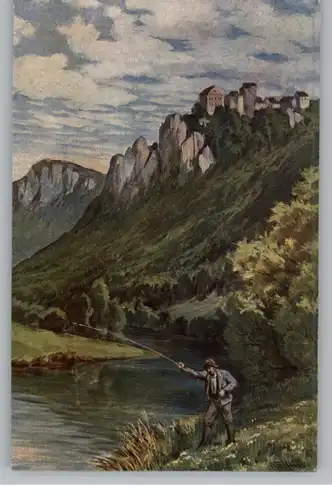 7795 LEIBERTINGEN, Schloß Wildenstein, Angler, Künstler-Karte F. Hummel, Verlag König