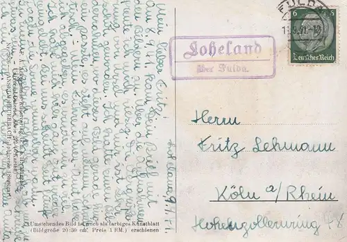 6411 KÜNZELL - LOHELAND, Postgeschichte, Landpoststempel  "Loheland über Fulda", 1941
