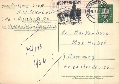6148 HEPPENHEIM, Postgeschichte, Landpoststempel Wald-erlenbach über Heppenheim, 1961