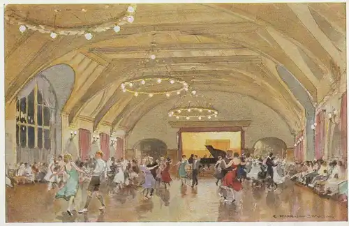 8108 KRÜN - KLAIS, Schloß Elmau, Tanz im großen Saal, Künstler-Karte Compton