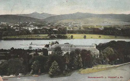 5480 REMAGEN, Insel Nonnenwerth mit Schulgebäude, Blick auf Bad Honnef, 1908, leichte Randmängel