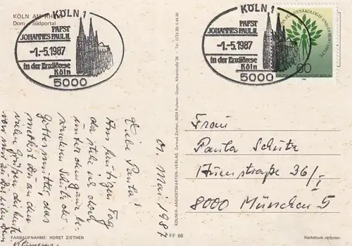 5000 KÖLN, Postgeschichte, Sonderstempel zum Besuch von Papst Johannes Paul I. in Köln 1987