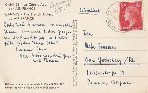 F 06400 CANNES, vue airienne, 1956, AIR FRANCE  Publicite