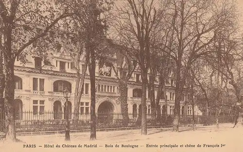 F 75016 PARIS - PASSY, Hotel du Chateau de Madrid, Bois de Boulogne, Entree principale, 1912