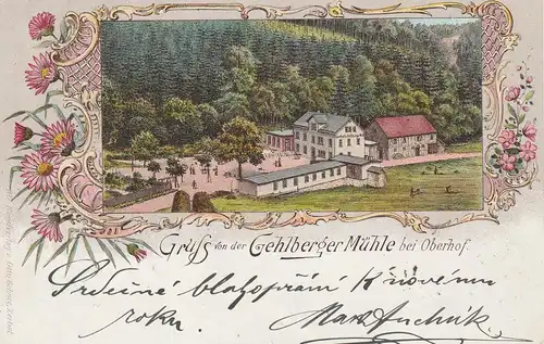 0-6055 OBERHOF, Lithographie, Gelberger Mühle, 1899, color, dekorative Ornamente
