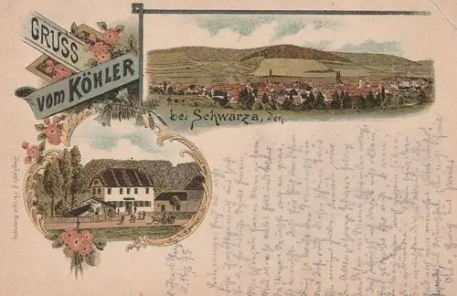 0-6820 RUDOLSTADT - SCHWARZA, Lithographie 1898, Gruss vom Köhler,  kl. Druckstelle