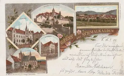 0-6080 SCHMALKALDEN, Lithographie 1899, Postamt, Schloß, Lutherhaus, Stadt-Kirche...