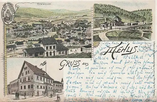 0-6060 ZELLA-MEHLIS, Lithographie Mehlis, Gasthof Stadt Wien, Bahnhof, Gesamtansicht, 1897