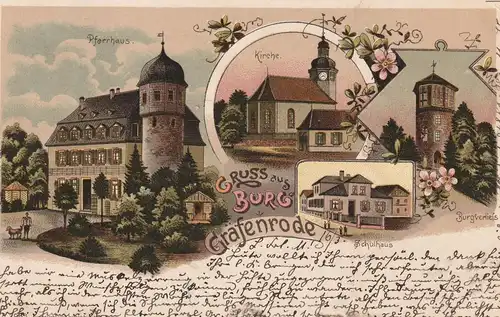 6367 KARBEN - BURG GRÄFENRODE, Lithographie, Schule, Kirche, Burgverlies, Pfarrhaus