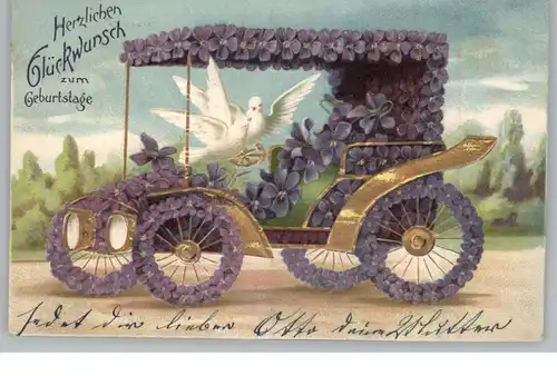 GEBURTSTAG - Oldtimer im Blumenschmuck, Tauben, Präge-Karte / embossed / relief, 1906