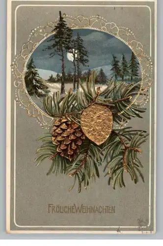 WEIHNACHTEN / CHRISTMAS, Winterszene, Tannenzapfen im Golddruck, Präge-Karte / embossed / relief, 1911
