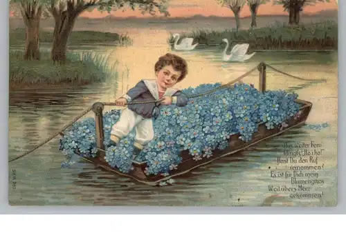 KINDER - Junge zieht Blumenfähre über das Wasser, 1911, Präge-Karte, embossed / relief