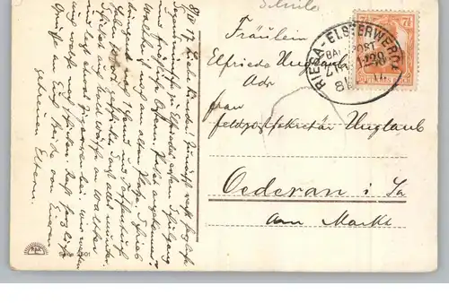 SCHULE - Erster Schultag, Mädchen mit Schultüte, goldgeprägt, Bahnpost Riesa - Elsterwerda