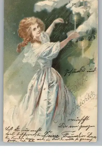 WEIHNACHTEN / CHRISTMAS, Elegante Dame entzündet die Christbaumkerzen, 1902
