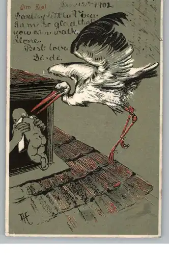 ZUR GEBURT - Storch bringt das Baby, 1902, kl. Druckstelle
