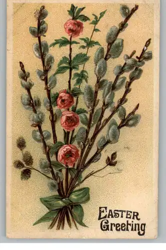 OSTERN - Weidenkätzchen und Blüten, Präge-Karte, embossed / relief, 1910