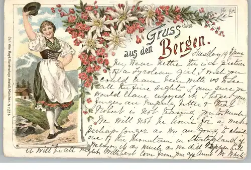 TRACHTEN - GRUSS AUS DEN BERGEN, Dirndl, Lithographie 1900