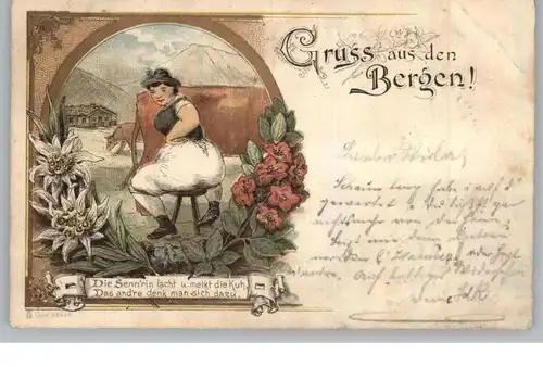 TRACHTEN - GRUSS AUS DEN BERGEN, Sennerin / Kuh, Lithographie 1896
