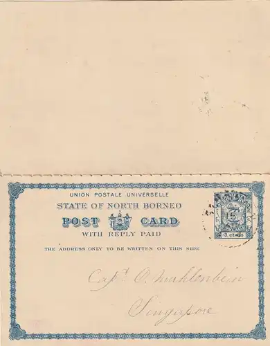 NORTH BORNEO - 1894, , Postal Stationery 3cents, Postal Reply Double Card, Postmark Sandakan 15 AU 1894