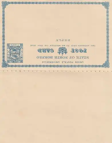 NORTH BORNEO - 1894, , Postal Stationery 3cents, Postal Reply Double Card, Postmark Sandakan 15 AU 1894