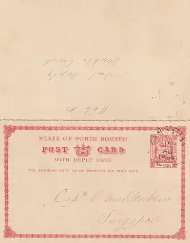 NORTH BORNEO - 1894, H&G 10, Postal Stationery 1cent, Postal Reply Double Card, Postmark Sandakan 15 AU 1894