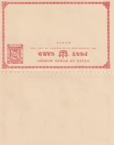 NORTH BORNEO - 1894, H&G 10, Postal Stationery 1cent, Postal Reply Double Card, Postmark Sandakan 15 AU 1894