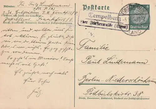 0-1241 STEINHÖFEL - TEMPELBERG, Postgeschichte, Landpoststempel "Tempelberg über Fürstenwalde", 1935